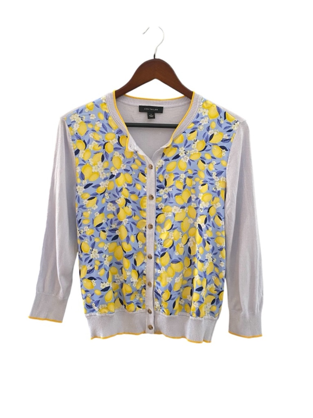 Ann Taylor Lemon Print Mixed Media Cardigan - Size S